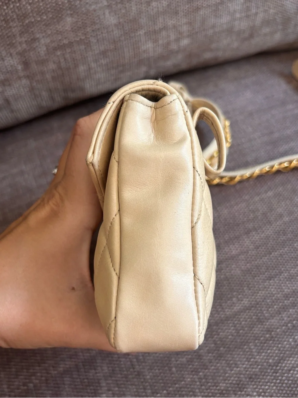 Authentic CHANEL vintage 1980s mini beige lambskin leather bum belt bag 75cm